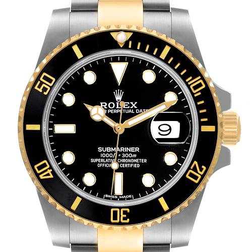 This image shows the front view of a Rolex Submariner 116613 Men's Steel and Gold (two tone) Black Dial 116613 Men's Steel and Gold (two tone) Black Dial watch, highlighting the dial, bezel, hands, lugs, and crown.