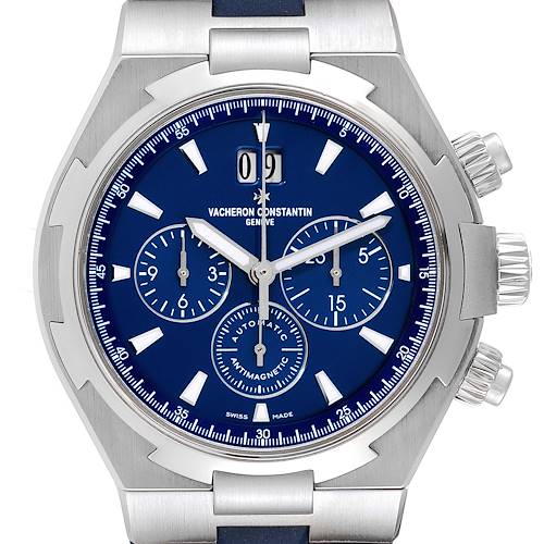 The image shows a close-up, front view of the Vacheron Constantin Overseas 49150/000A-9745 Men's Stainless Steel Blue Dial 49150/000A-9745 Men's Stainless Steel Blue Dial model watch, highlighting its blue dial, chronograph sub-dials, and date display.