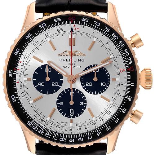 The image shows a front view of a Breitling Navitimer RB0137 Men's Rose Gold Silver Dial RB0137 Men's Rose Gold Silver Dial watch, highlighting the dial, subdials, markers, and bezel.