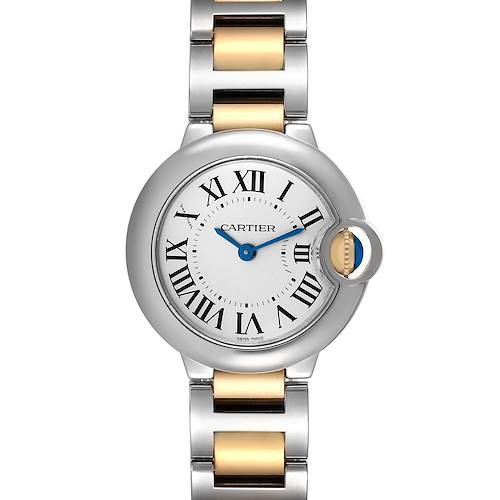 This image shows a front view of a Ballon Bleu model by Cartier displaying its face and part of the bracelet.