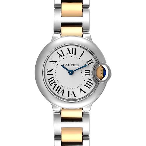 The image shows a front view of the Cartier Ballon Bleu W69007Z3 Women's Steel and Gold (two tone) Silver Dial W69007Z3 Women's Steel and Gold (two tone) Silver Dial watch, focusing on the dial and part of the bracelet.