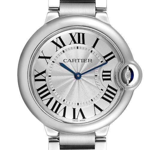 The image shows a close-up of the Cartier Ballon Bleu W69011Z4 Men's Stainless Steel Silver Dial W69011Z4 Men's Stainless Steel Silver Dial watch face, focusing on the dial, hands, and part of the bracelet.