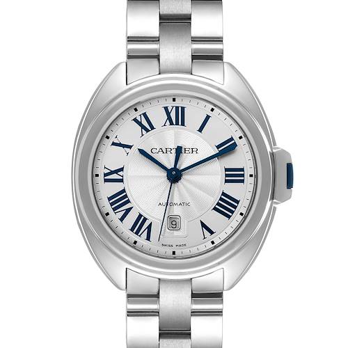 This Cartier Clé model watch is shown from a front angle, highlighting the face, bezel, and part of the bracelet.