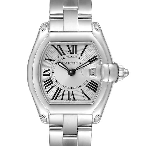 This image shows a front view of the Cartier Roadster W62016V3 Women's Stainless Steel Silver Dial W62016V3 Women's Stainless Steel Silver Dial watch displaying the dial, hands, date window, and part of the bracelet.
