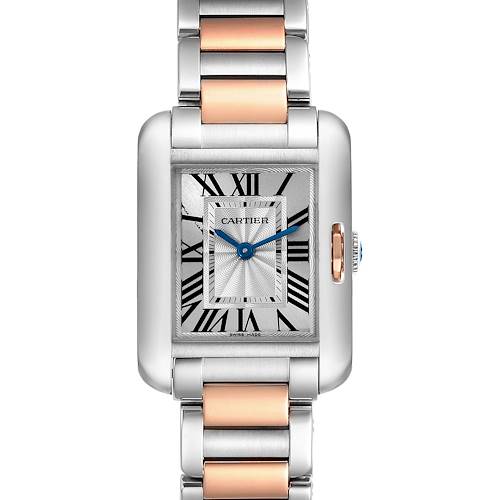 This image shows a front view of a Cartier Tank Anglaise W5310036 Women's Stainless Steel Silver Dial W5310036 Women's Stainless Steel Silver Dial watch featuring a rectangular dial with Roman numerals and a two-tone metal bracelet.