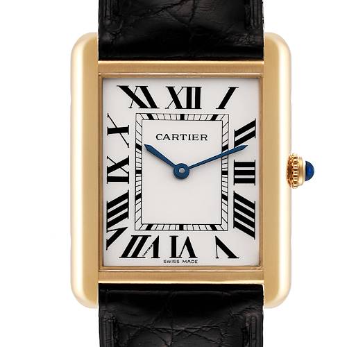 The image shows a front view of the Cartier Tank Solo W5200004 Men's Yellow Gold Silver Dial W5200004 Men's Yellow Gold Silver Dial watch, focusing on the face, bezel, and part of the leather strap.