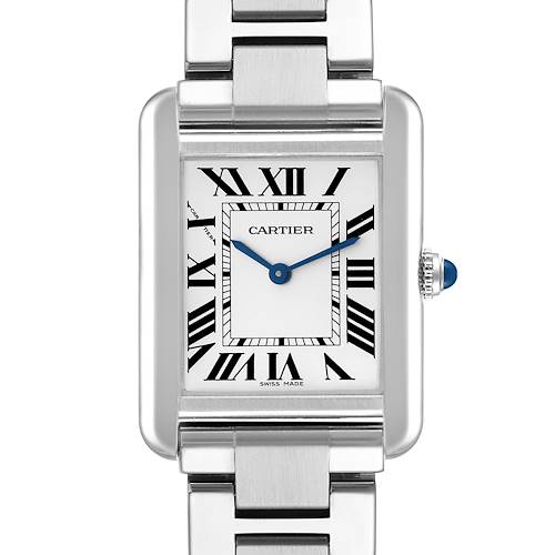 This image shows a close-up of the face and part of the bracelet of the Cartier Tank Solo W5200013 Women's Stainless Steel Silver Dial W5200013 Women's Stainless Steel Silver Dial watch.