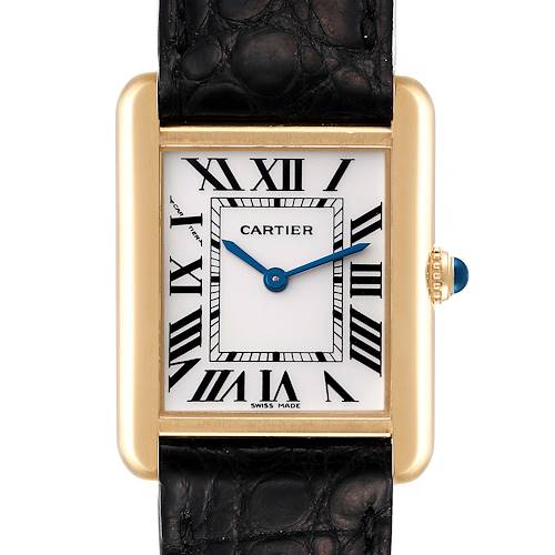 The image shows a close-up of the face and part of the strap of a Cartier Tank Solo W1018755 Women's Yellow Gold Silver Dial W1018755 Women's Yellow Gold Silver Dial watch.