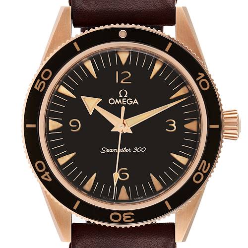 The Omega Seamaster 234.92.41.21.10.001 Men's Bronze Black Dial 234.92.41.21.10.001 Men's Bronze Black Dial watch is shown from the front, displaying its face, bezel, and crown.