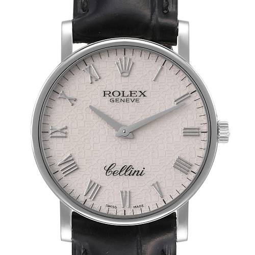 This image shows a frontal view of the Rolex Cellini 5115/9 Men's White Gold Beige Dial 5115/9 Men's White Gold Beige Dial watch, depicting the face, hands, crown, and part of the leather strap.