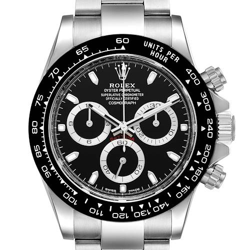 The image shows a front view of a Rolex Daytona 116500 Men's Stainless Steel Black Dial 116500 Men's Stainless Steel Black Dial watch, highlighting its dial, bezel, and chronograph subdials.