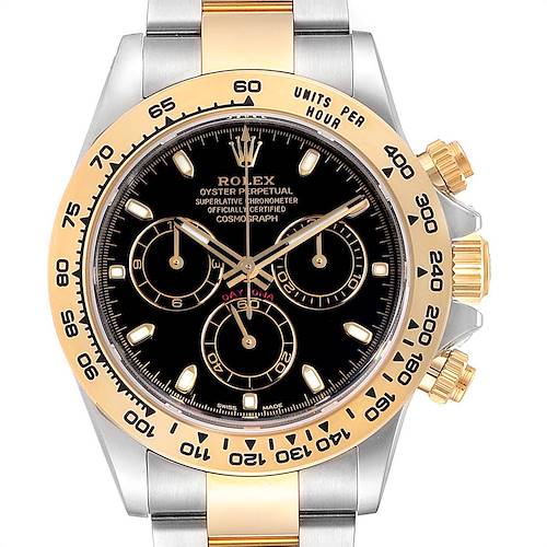 The image shows a front view of a Rolex Daytona 116503 Men's Steel and Gold (two tone) Black Dial 116503 Men's Steel and Gold (two tone) Black Dial watch, highlighting its bezel, dial, subdials, crown, and bracelet.