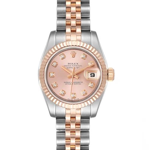This Rolex Datejust 179171 Women's Rose Gold Pink Dial 179171 Women's Rose Gold Pink Dial watch is shown from the front, displaying the dial, bezel, and part of the bracelet.