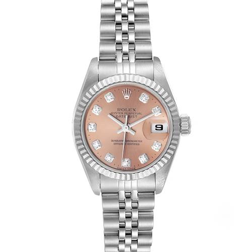 The image shows a Rolex Datejust 69174 Women's Stainless Steel Pink Dial 69174 Women's Stainless Steel Pink Dial model watch from a front angle, showcasing the face, bezel, crown, and bracelet.