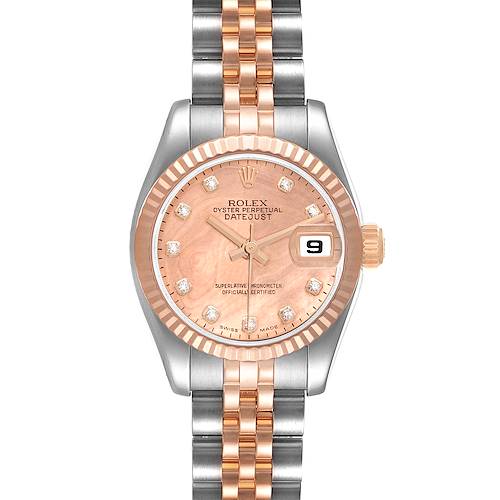This image shows a Rolex Datejust 179171 Women's Steel and Gold (two tone) Mother of Pearl Dial 179171 Women's Steel and Gold (two tone) Mother of Pearl Dial watch from a front angle, highlighting its dial, hands, date window, bezel, and bracelet.