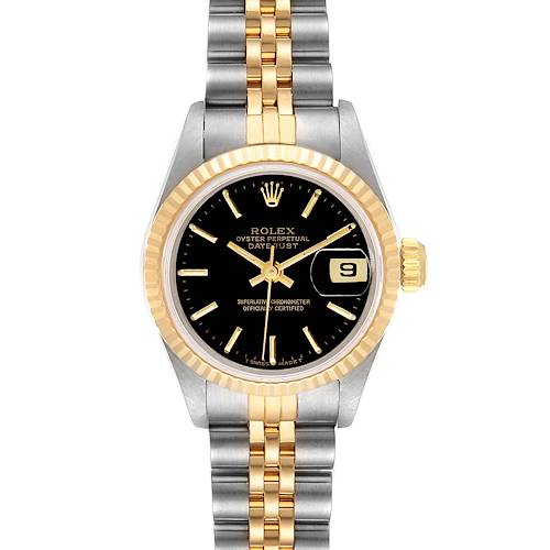This image shows a Rolex Datejust 69173 Women's Steel and Gold (two tone) Black Dial 69173 Women's Steel and Gold (two tone) Black Dial watch from a front angle, displaying its face, bezel, dial, and part of the bracelet.