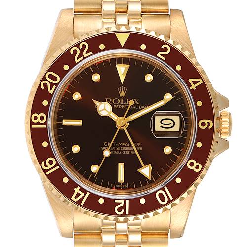 This image shows a front angle view of the Rolex Vintage Collection 16758 Men's Yellow Gold Brown Dial 16758 Men's Yellow Gold Brown Dial watch, displaying the dial, bezel, and part of the bracelet.
