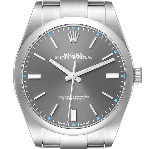 This image shows a front view of the Rolex Oyster Perpetual 114300 Men's Stainless Steel Grey Dial 114300 Men's Stainless Steel Grey Dial watch, displaying the dial, hands, and part of the bracelet.