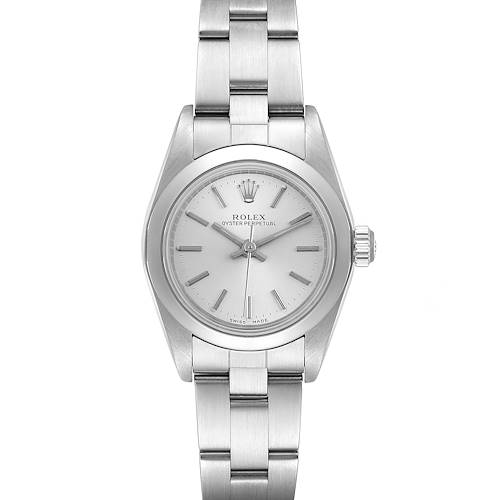 The image shows a frontal view of a Rolex Oyster Perpetual 76080 Women's Stainless Steel Silver Dial 76080 Women's Stainless Steel Silver Dial watch, displaying its face, crown, and bracelet.