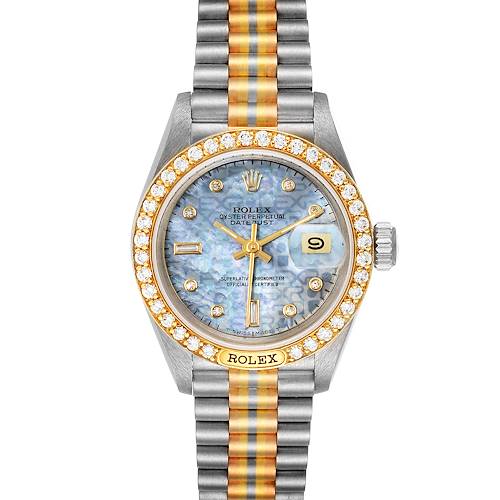 The image shows a Rolex President 69149 Women's White Gold Mother of Pearl Dial 69149 Women's White Gold Mother of Pearl Dial model watch from a front angle, highlighting its face, bezel, crown, and bracelet.