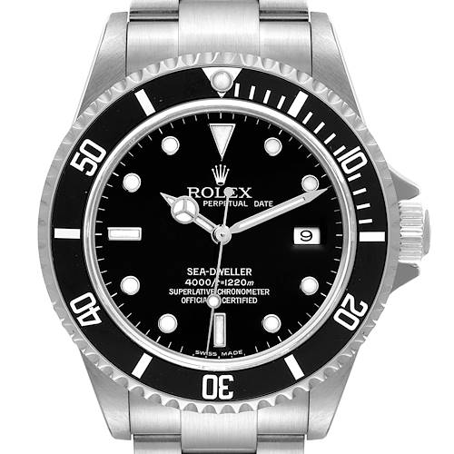 This image shows a front view of the Rolex Sea-Dweller 16600 Men's Stainless Steel Black Dial 16600 Men's Stainless Steel Black Dial watch, highlighting its dial, bezel, and part of the bracelet.