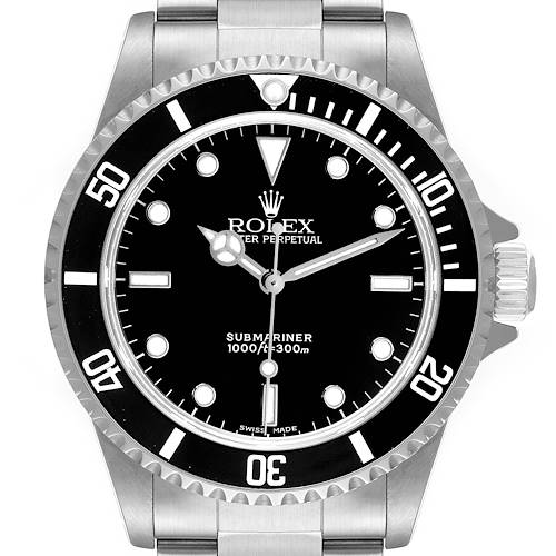This image shows a front view of the Rolex Submariner 14060 Men's Stainless Steel Black Dial 14060 Men's Stainless Steel Black Dial watch, highlighting its dial, bezel, and part of the bracelet.