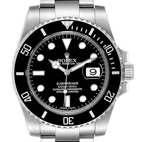 The image shows a front view of the Rolex Submariner 116610 Men's Stainless Steel Black Dial 116610 Men's Stainless Steel Black Dial watch, highlighting the dial, bezel, crown, and part of the bracelet.