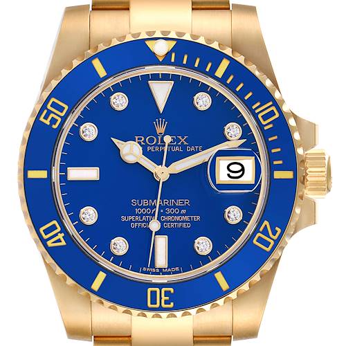 A frontal view of a Rolex Submariner 116618LB Men's Yellow Gold Blue Dial 116618LB Men's Yellow Gold Blue Dial watch displaying its blue dial, date window, and bezel, with part of the bracelet visible.