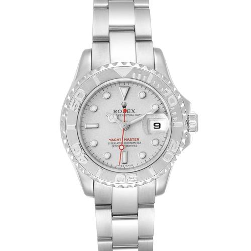 This Rolex Yacht-Master 169622 Women's Stainless Steel Silver Dial 169622 Women's Stainless Steel Silver Dial watch is shown from a front angle, highlighting the face, bezel, dial, and part of the bracelet.