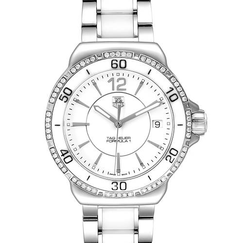 The Tag Heuer Formula 1 WAH1213.BA0861 Women's Stainless Steel White Dial WAH1213.BA0861 Women's Stainless Steel White Dial watch is shown from a front angle displaying the dial, bezel, and part of the bracelet.