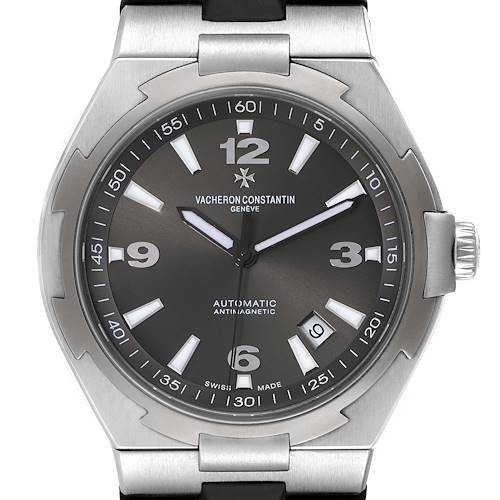 The image shows a front view of the Vacheron Constantin Overseas 47040/000W-9500 Men's Stainless Steel Black Dial 47040/000W-9500 Men's Stainless Steel Black Dial watch, highlighting its dial, bezel, and crown.