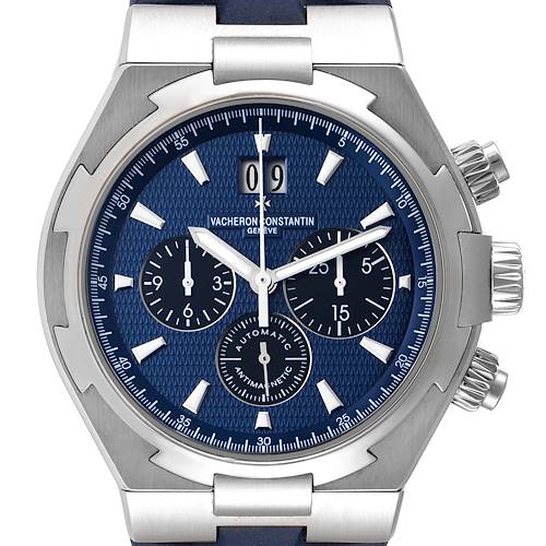 The Vacheron Constantin Overseas 49152/000A-9540 Men's Stainless Steel Blue Dial 49152/000A-9540 Men's Stainless Steel Blue Dial watch is shown from a front angle, highlighting the blue dial, subdials, and crown.