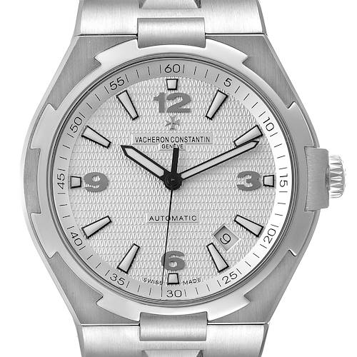 This is a close-up of the Vacheron Constantin Overseas 47040B01A-9093 Men's Stainless Steel Silver Dial 47040B01A-9093 Men's Stainless Steel Silver Dial watch showing the dial, hands, crown, and part of the bracelet.