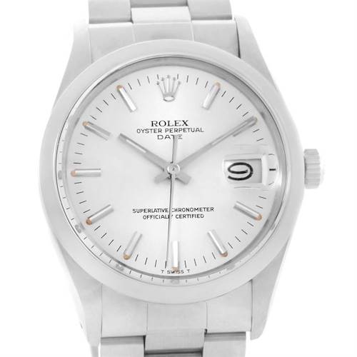 This image shows a front view of a Rolex Date 15000 Men's Stainless Steel Silver Dial 15000 Men's Stainless Steel Silver Dial model watch, displaying the dial, bezel, bracelet, and crown.