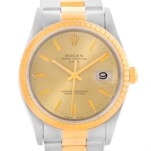 This image shows a front view of a Rolex Date 15223 Men's Steel and Gold (two tone) Champagne Dial 15223 Men's Steel and Gold (two tone) Champagne Dial model watch, highlighting the dial, bezel, and part of the bracelet.