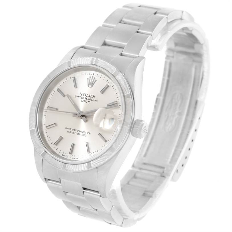 The Rolex Date 15210 Men's Stainless Steel Silver Dial 15210 Men's Stainless Steel Silver Dial model watch is shown from a three-quarter angle, displaying the dial, bezel, bracelet, and crown.