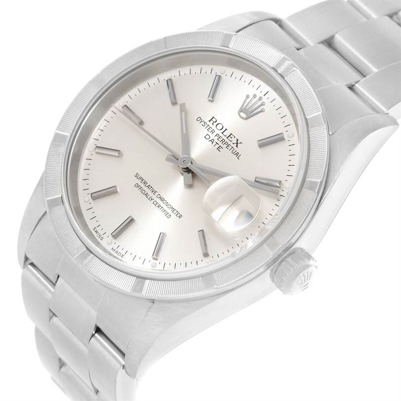 This image shows a Rolex Date 15210 Men's Stainless Steel Silver Dial 15210 Men's Stainless Steel Silver Dial watch at a slight angle, highlighting the dial, bezel, crown, and part of the bracelet.