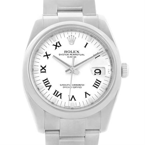 The watch is a Rolex Date 115200SRO Men's Stainless Steel White Dial 115200SRO Men's Stainless Steel White Dial model shown from the front, highlighting the dial, hands, and part of the bracelet.
