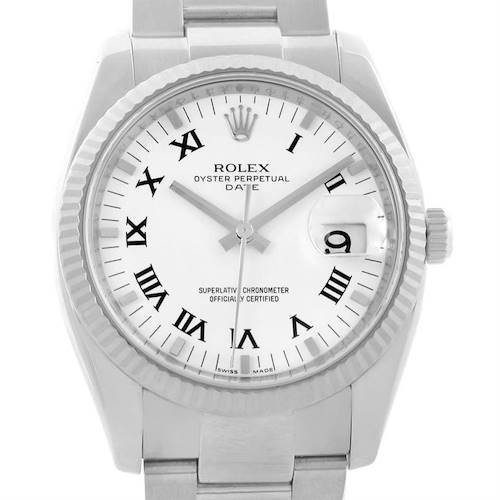 This image shows a close-up of the Rolex Oyster Perpetual Date watch face, including the dial, hands, and bracelet.