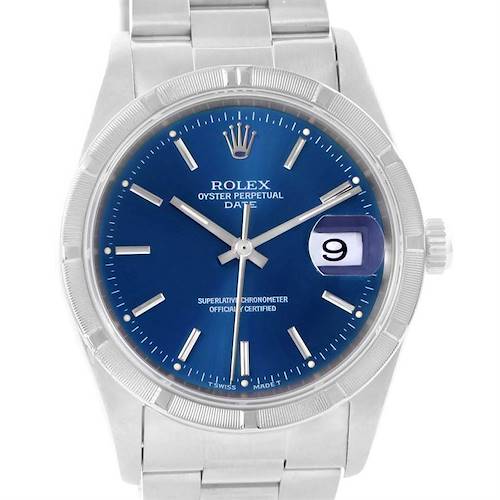 The image shows a front view of a Rolex Date 15210 Men's Stainless Steel Blue Dial 15210 Men's Stainless Steel Blue Dial model watch displaying its blue dial and silver hour markers.