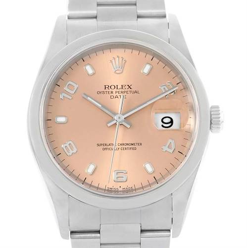 The image shows a Rolex Date 15200 Men's Stainless Steel Pink Dial 15200 Men's Stainless Steel Pink Dial model watch from the front, displaying the dial, hands, date window, and bracelet.