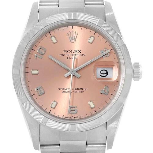 The image shows a Rolex Date 15210 Men's Stainless Steel Pink Dial 15210 Men's Stainless Steel Pink Dial model watch from the front, highlighting the dial, bezel, crown, and part of the bracelet.