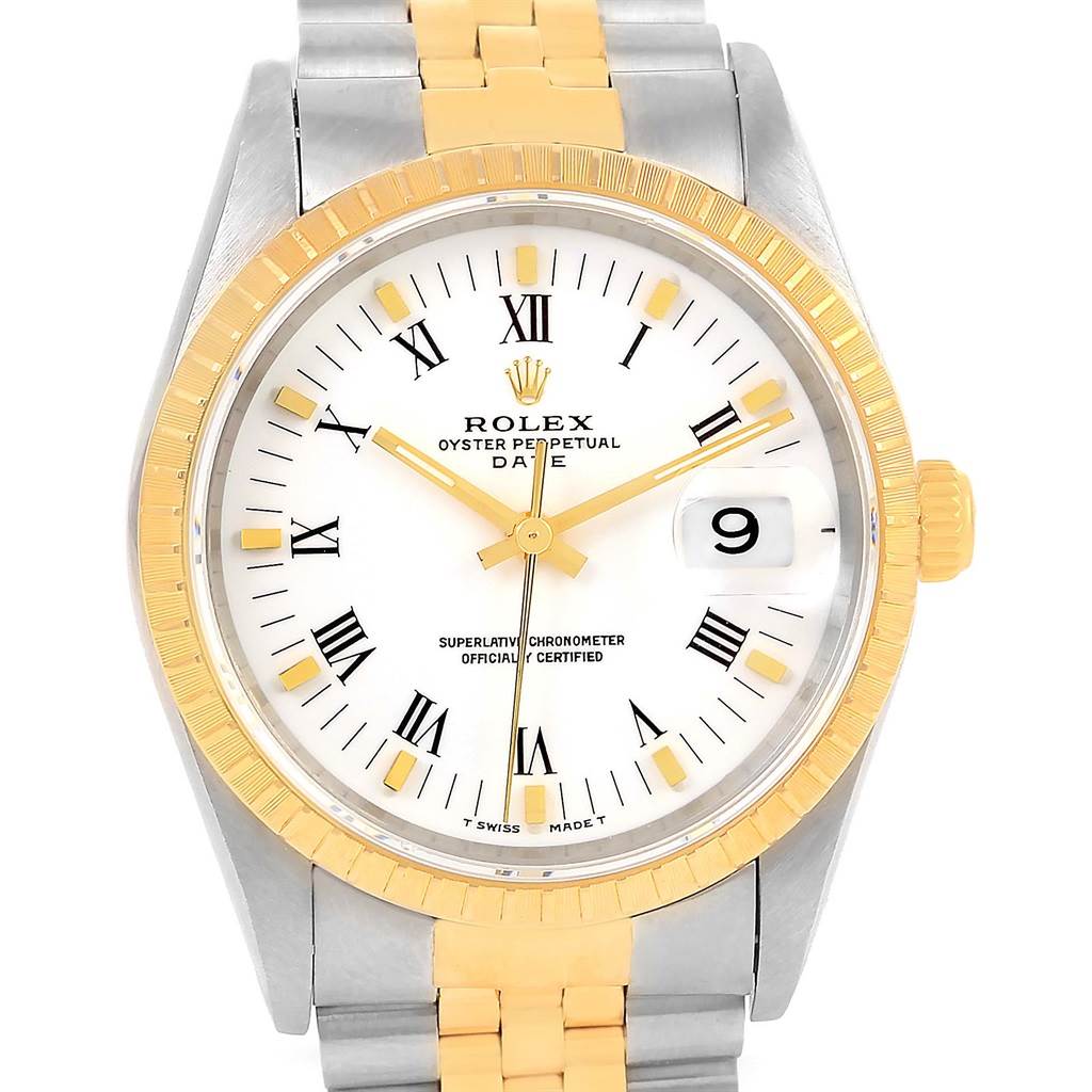 This image shows a frontal view of a Rolex Date 15223 Men's Steel and Gold (two tone) White Dial 15223 Men's Steel and Gold (two tone) White Dial model watch, showcasing the dial, bezel, and bracelet.
