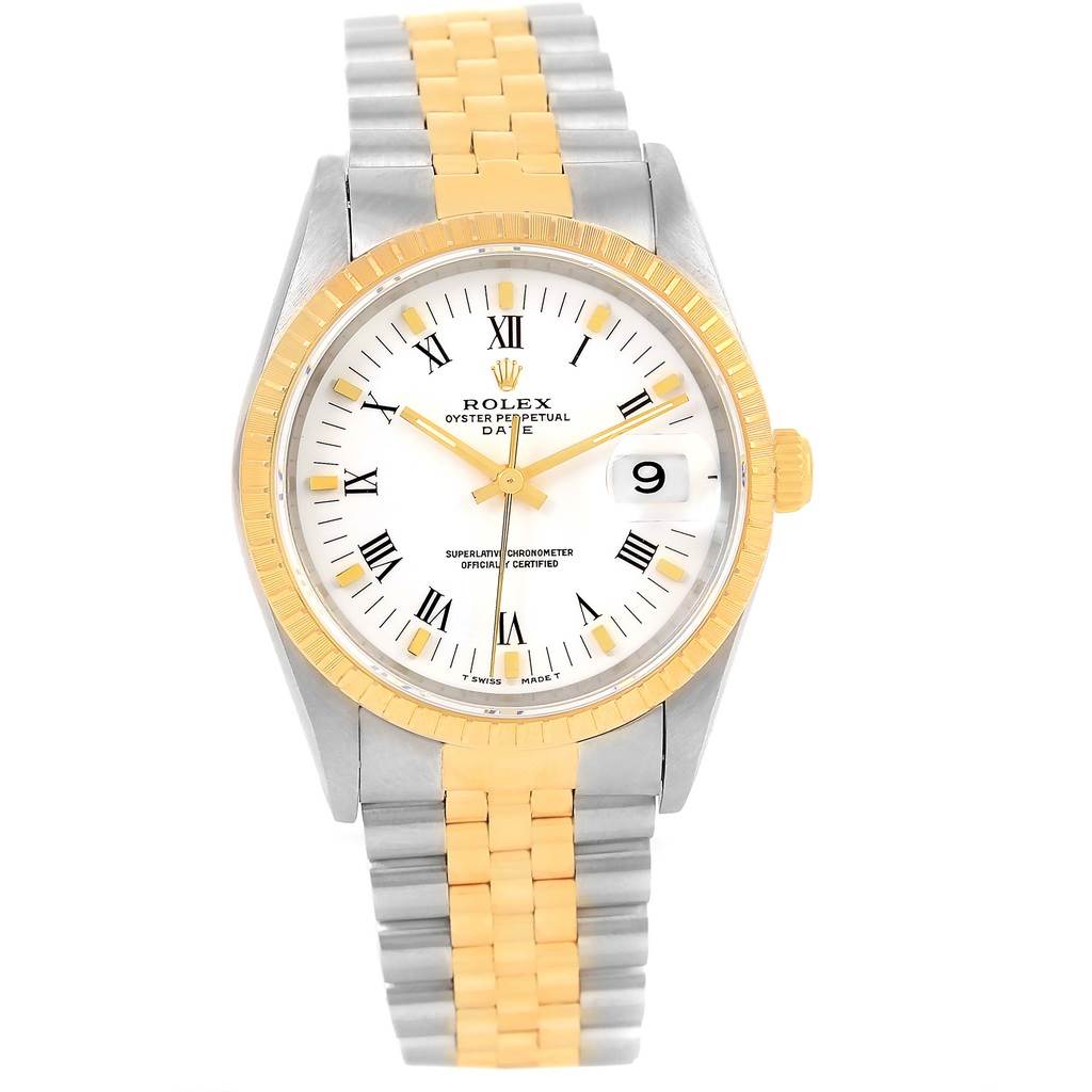 The Rolex Date 15223 Men's Steel and Gold (two tone) White Dial 15223 Men's Steel and Gold (two tone) White Dial model watch is shown at a straight-on angle, highlighting its face, bezel, and two-tone metal bracelet.