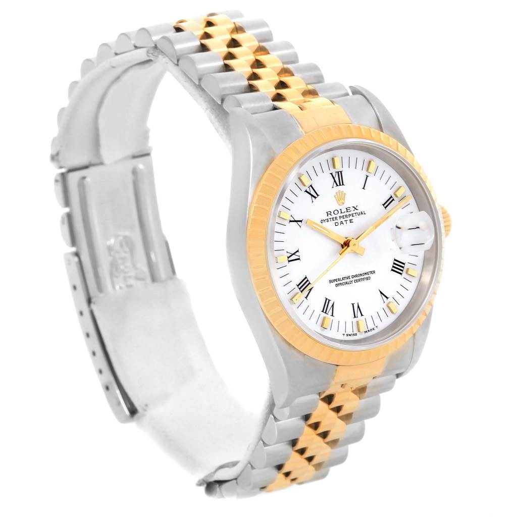 This image shows a Rolex Date 15223 Men's Steel and Gold (two tone) White Dial 15223 Men's Steel and Gold (two tone) White Dial model watch at a three-quarter angle, highlighting the bracelet, bezel, and dial.