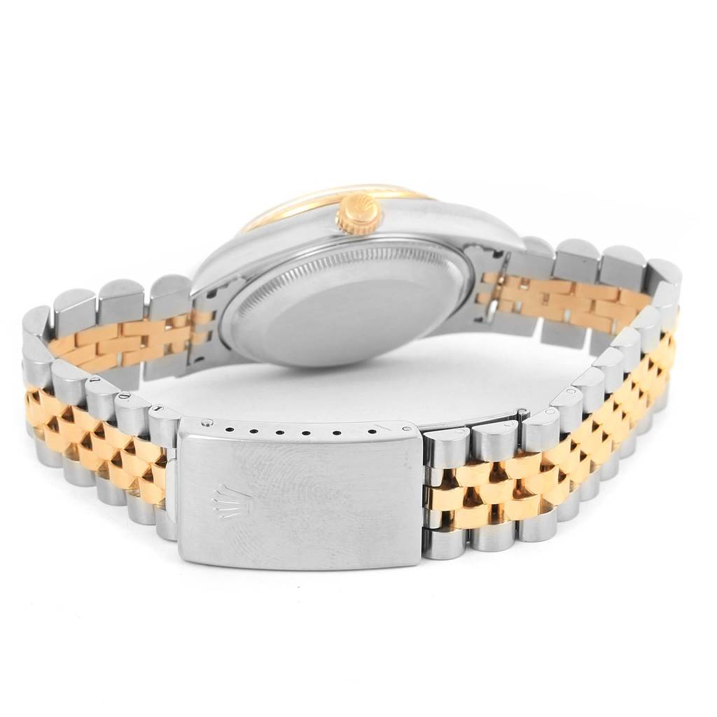 The image shows the clasp, bracelet, case back, and crown of a Rolex Date 15223 Men's Steel and Gold (two tone) White Dial 15223 Men's Steel and Gold (two tone) White Dial model watch from a rear angle.