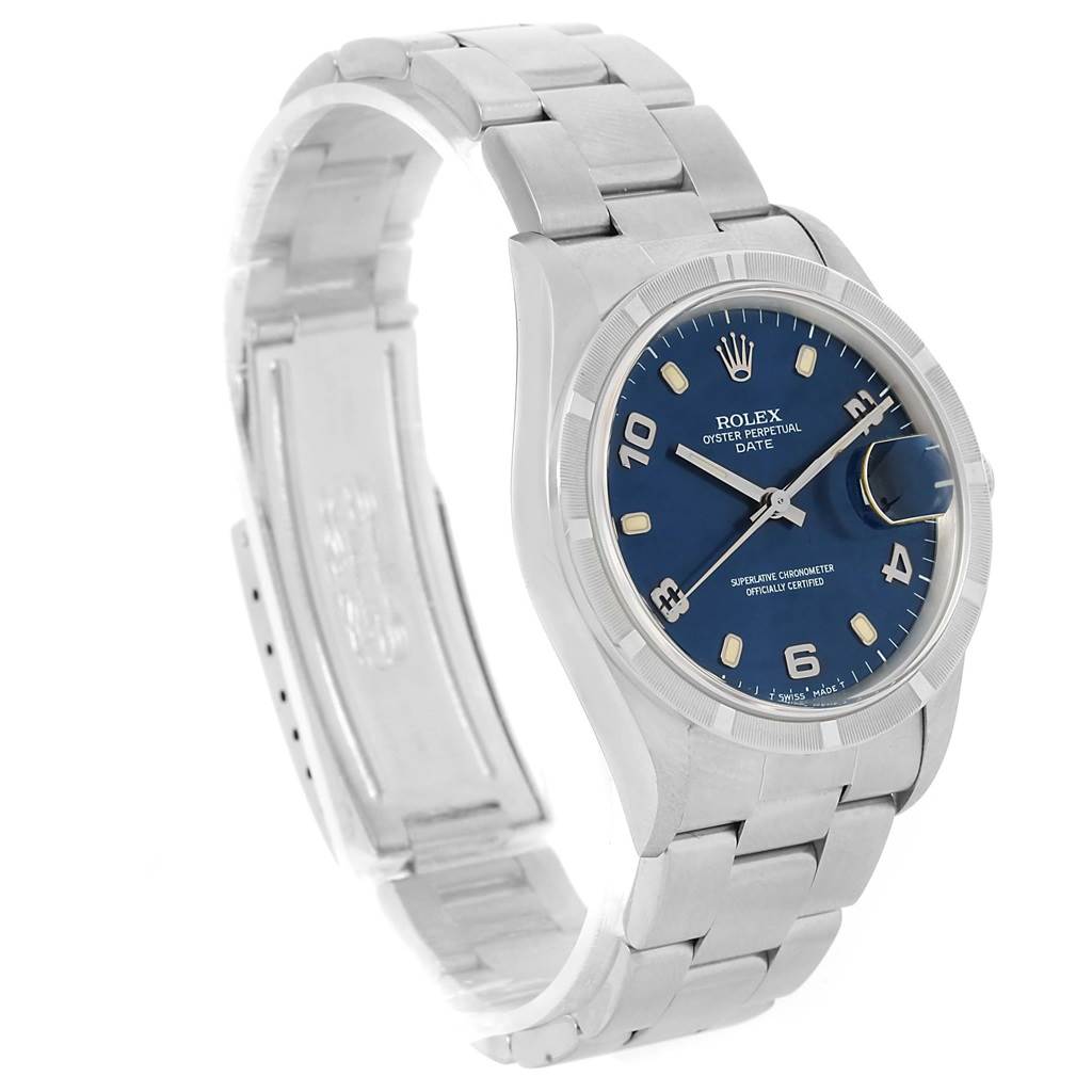 This image shows a side angle of a Rolex Date 15210 Men's Stainless Steel Blue Dial 15210 Men's Stainless Steel Blue Dial model watch, highlighting its blue dial and stainless steel bracelet.