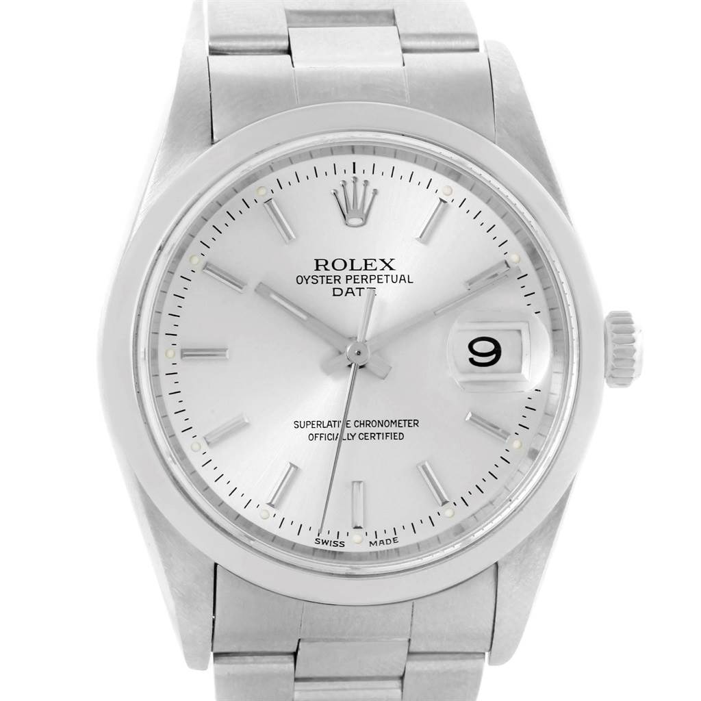 This image shows a front view of a Rolex Date 15200 Men's Stainless Steel Silver Dial 15200 Men's Stainless Steel Silver Dial model watch, highlighting the dial, hands, date window, and part of the bracelet.