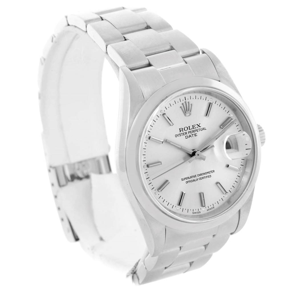 The Rolex Date 15200 Men's Stainless Steel Silver Dial 15200 Men's Stainless Steel Silver Dial watch is shown at a slight angle, highlighting its face, bezel, bracelet, hands, and date window.