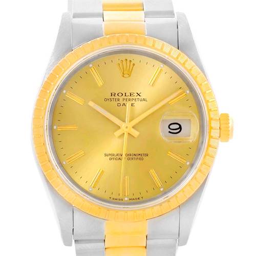 This Rolex Date 15223 Men's Steel and Gold (two tone) Champagne Dial 15223 Men's Steel and Gold (two tone) Champagne Dial model watch is shown from the front, displaying the dial, hands, bezel, and part of the bracelet.